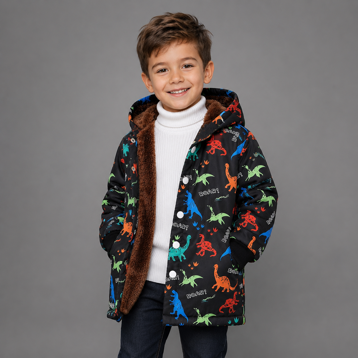 Children Dinosaur Fleece Lined Coat