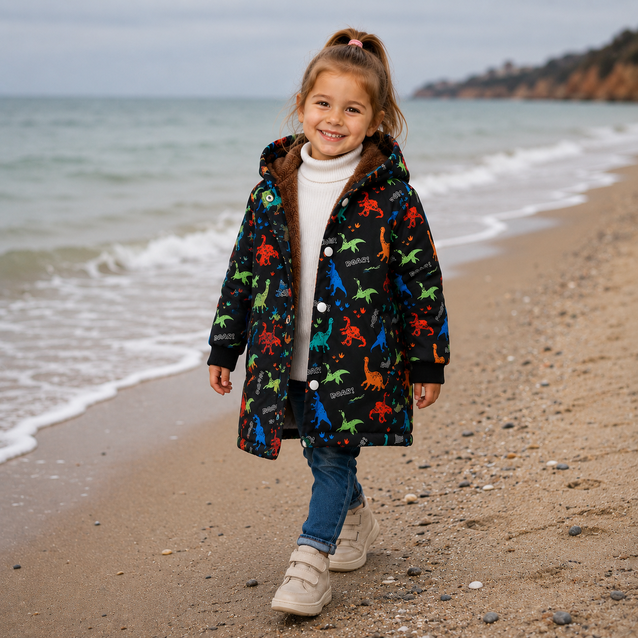 Children Dinosaur Fleece Lined Coat