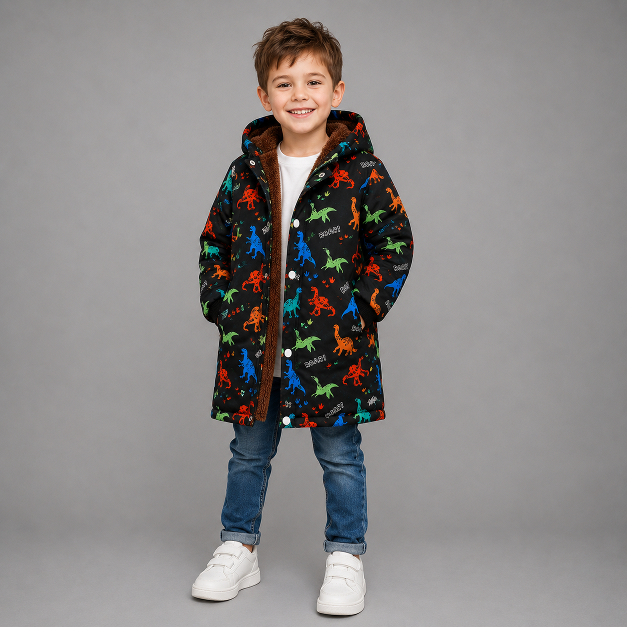 Children Dinosaur Fleece Lined Coat