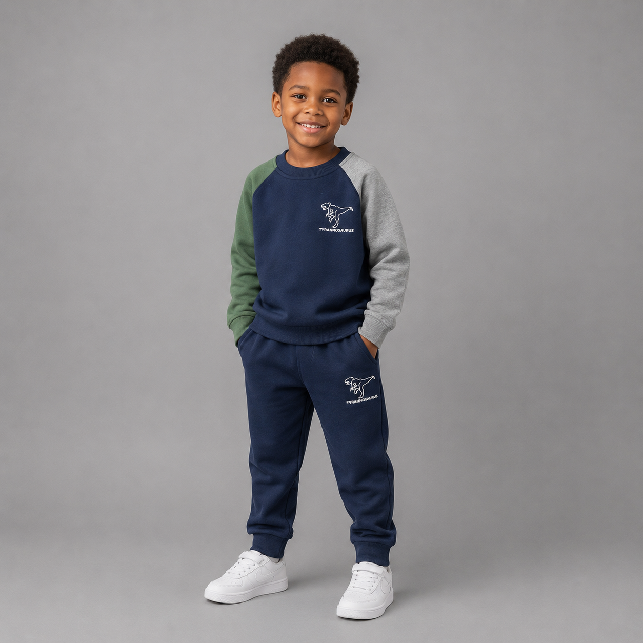Children Dinosaur Printed Contrast Color Long Sleeves Suit